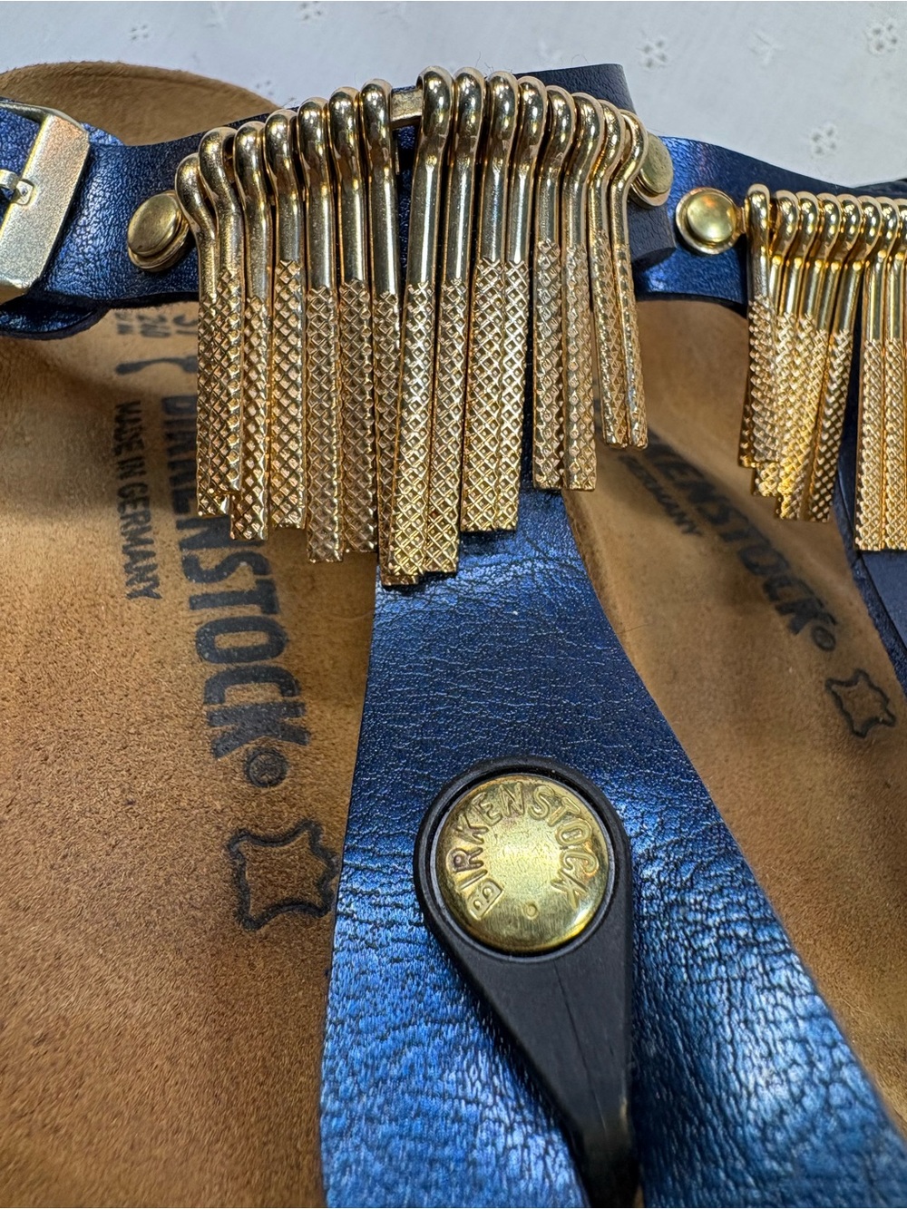 Birkenstock Navy Metalic T-Strap Sandals with Gold Metal Fringe Accents - Picture 4 of 8